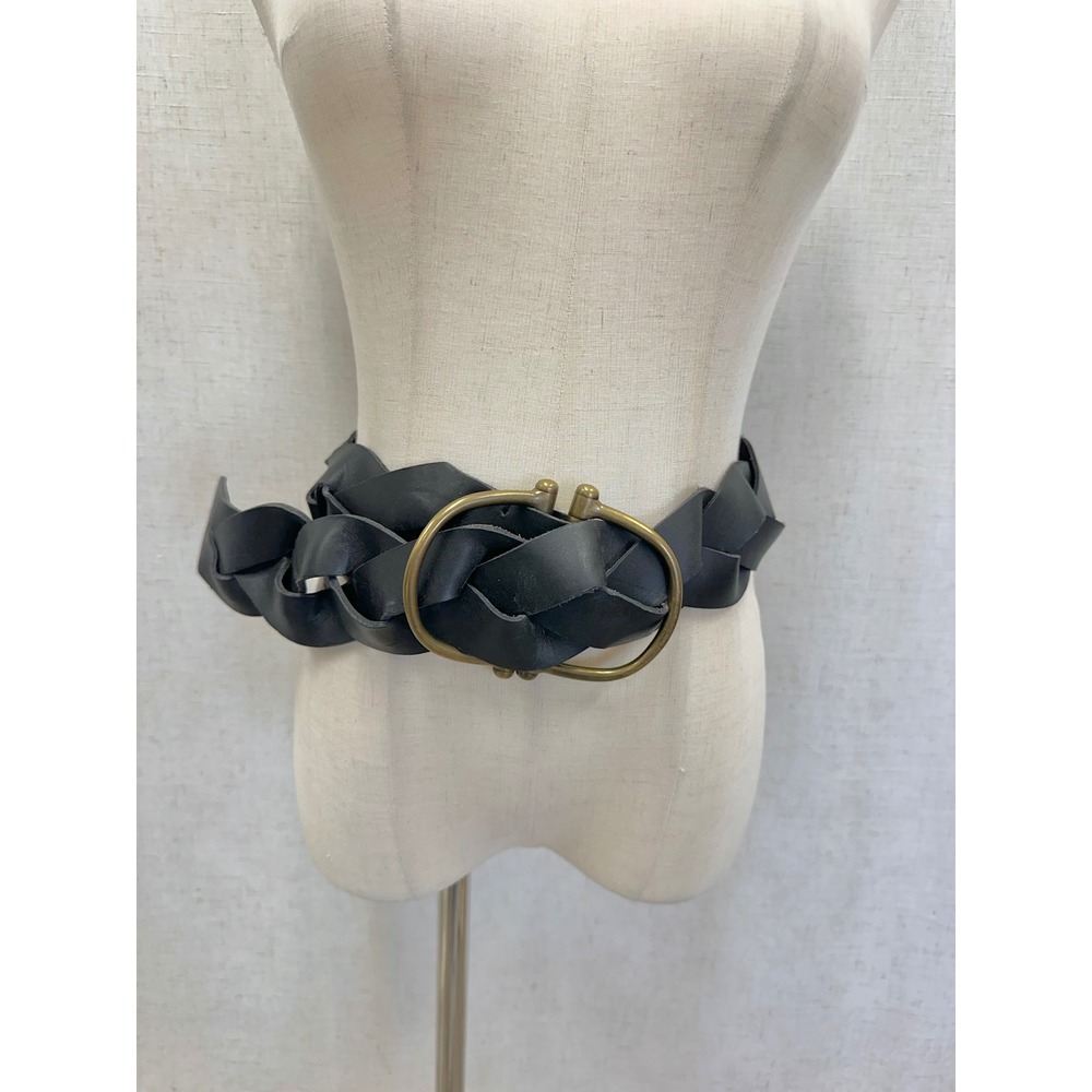 Polo Ralph Lauren Black Braided Leather Belt Womens Size Medium Brass Buckle